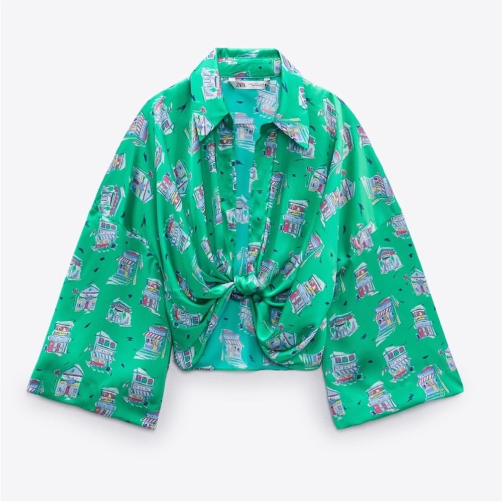ZARA tie front printed crop shirt